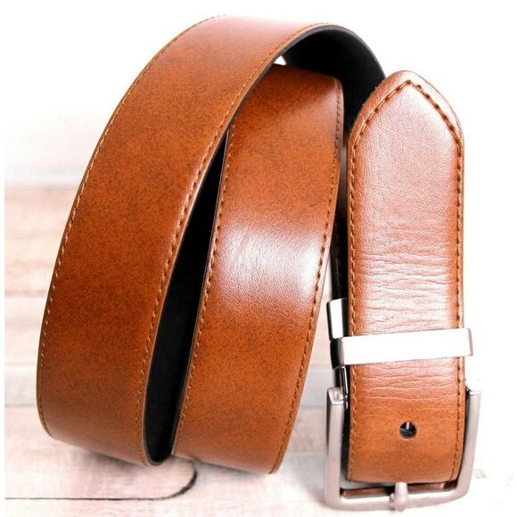 SAFFIANO BLACK BROWN GENUINE LEATHER 1.25"W REVERSIBLE DRESS MEN'S BELT 42 (X10 - Picture 5 of 11